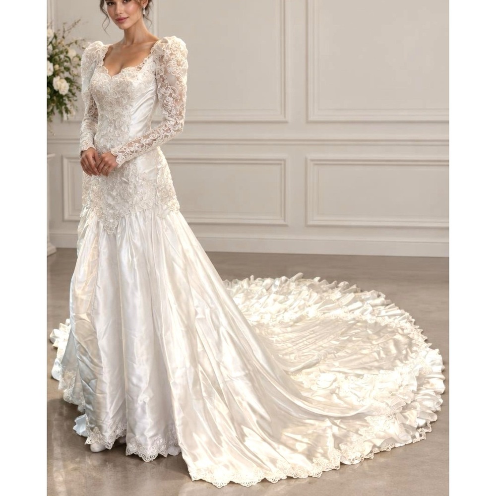 Vintage 80s Lace Satin Wedding Dress Ruffle Cathedral Train Puff Sleeve Ivory